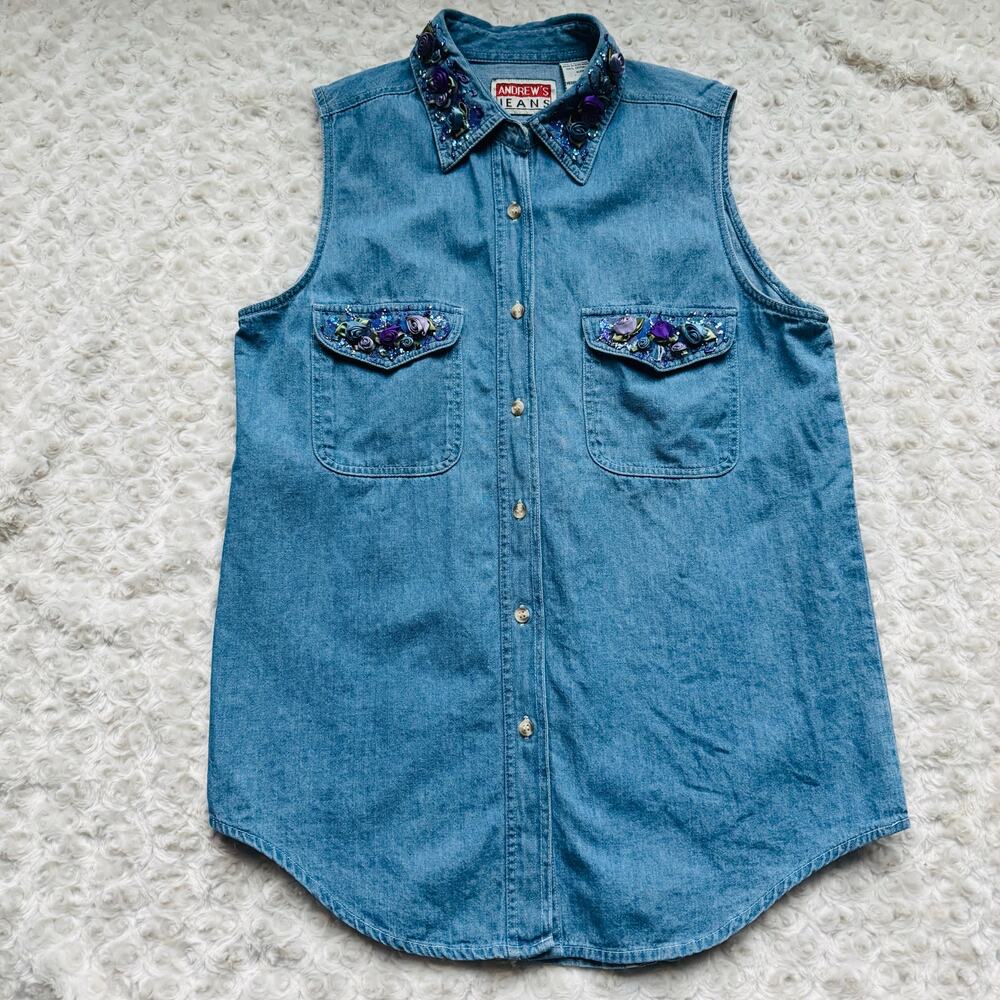 Andrew's Jeans Womens Cotton Denim Embellished Glitter Sleeveless Button Top M